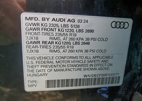 2024 Audi Q3 Premium S Line 45 z USA, uszkodzony, nr VIN WA1DECF35R1123171